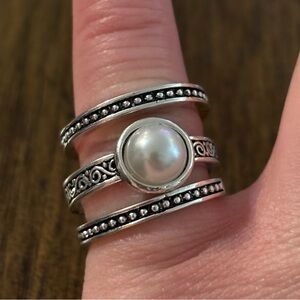 Intricate Silver Color Metallic Pearl Ring Set of 3 - Size 7